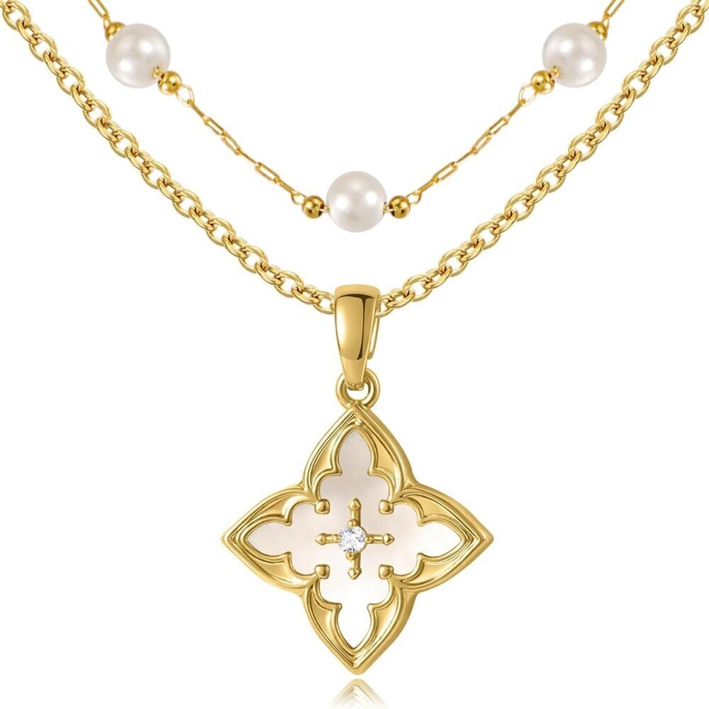 Gold Plated Clover & Glass Bead Necklace Jewelry Set Adjustable Dainty